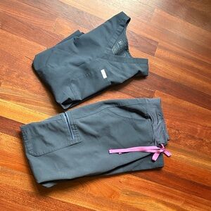 Figs Navy Blue Scrub Set with Pink Tie